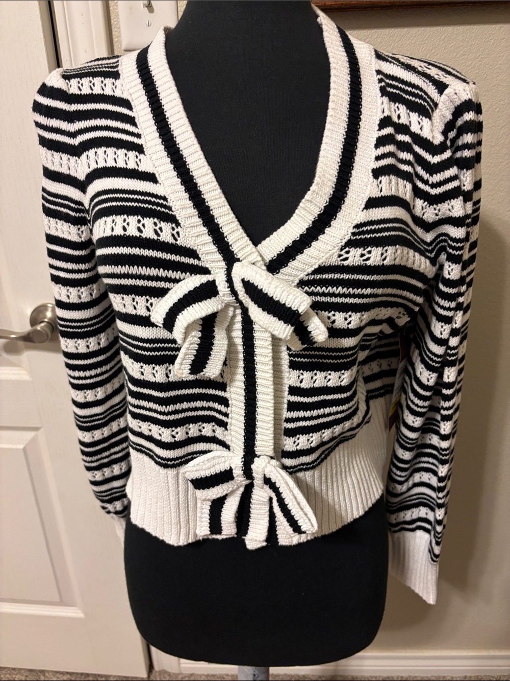 Striped Black and White Bow-Tie Knit Cardigan